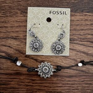 Fossil Black and Silver Floral Jewelry Set